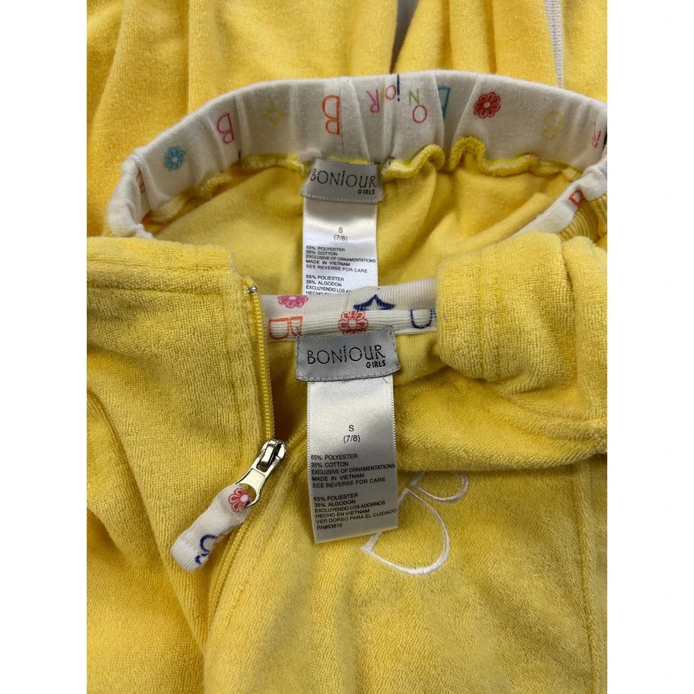 Bonjour Girls Yellow Velour Tracksuit Set Hoodie and Pants Size S 7/8